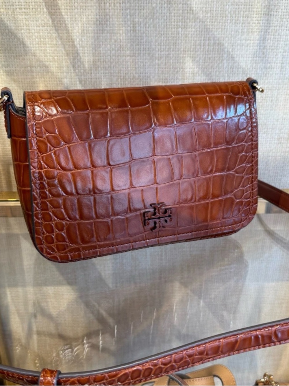 Tory Burch Thea Embossed Shine Flap Crossbody in Warm Amber